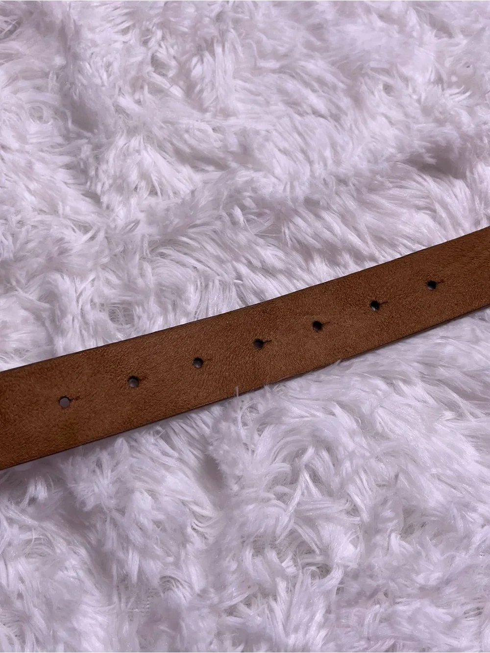 Tan faux suede belt with gold toned buckle